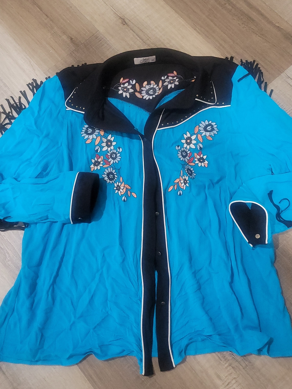 Embroidered Turquoise Western-Style Blazer with Black Trim